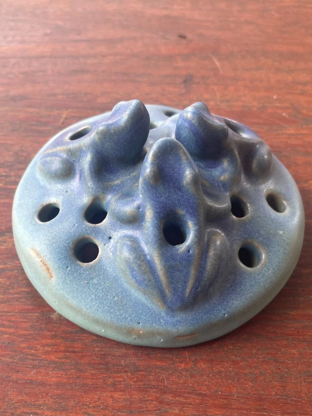 Art Nouveau Van Briggle Blue Three Frogs on Top  of a Flower Frog - Rare
